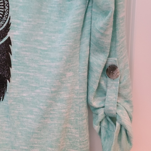 Teal green light weight Owl sweater 3/4 sleeves - Picture 3 of 5
